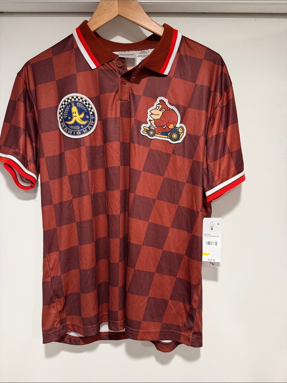 Men's super Mario brown Checker Polo Shirt with Racing Patch small